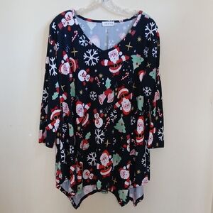 Holiday V‑Neck Tunic with Whimsical Print - Black